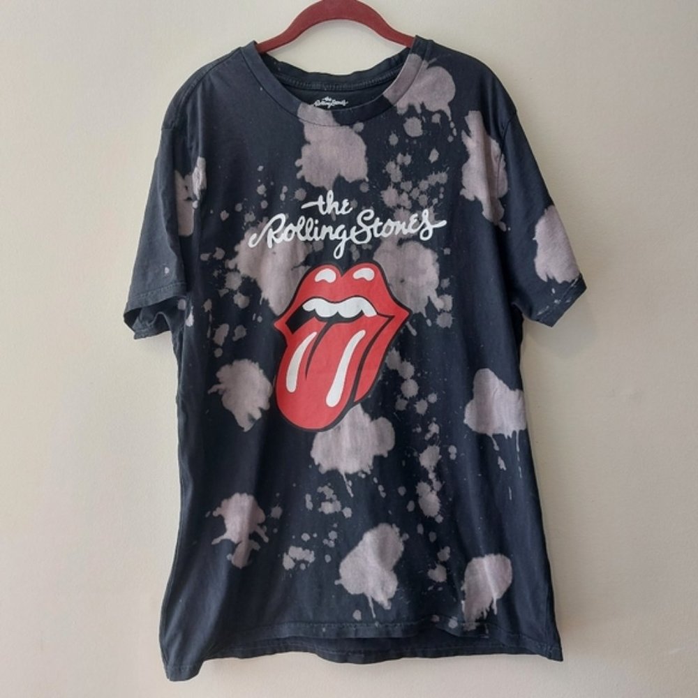 The Rolling Stones Spellout Tongue Lips Bleach Tie Dye Black Size Xl